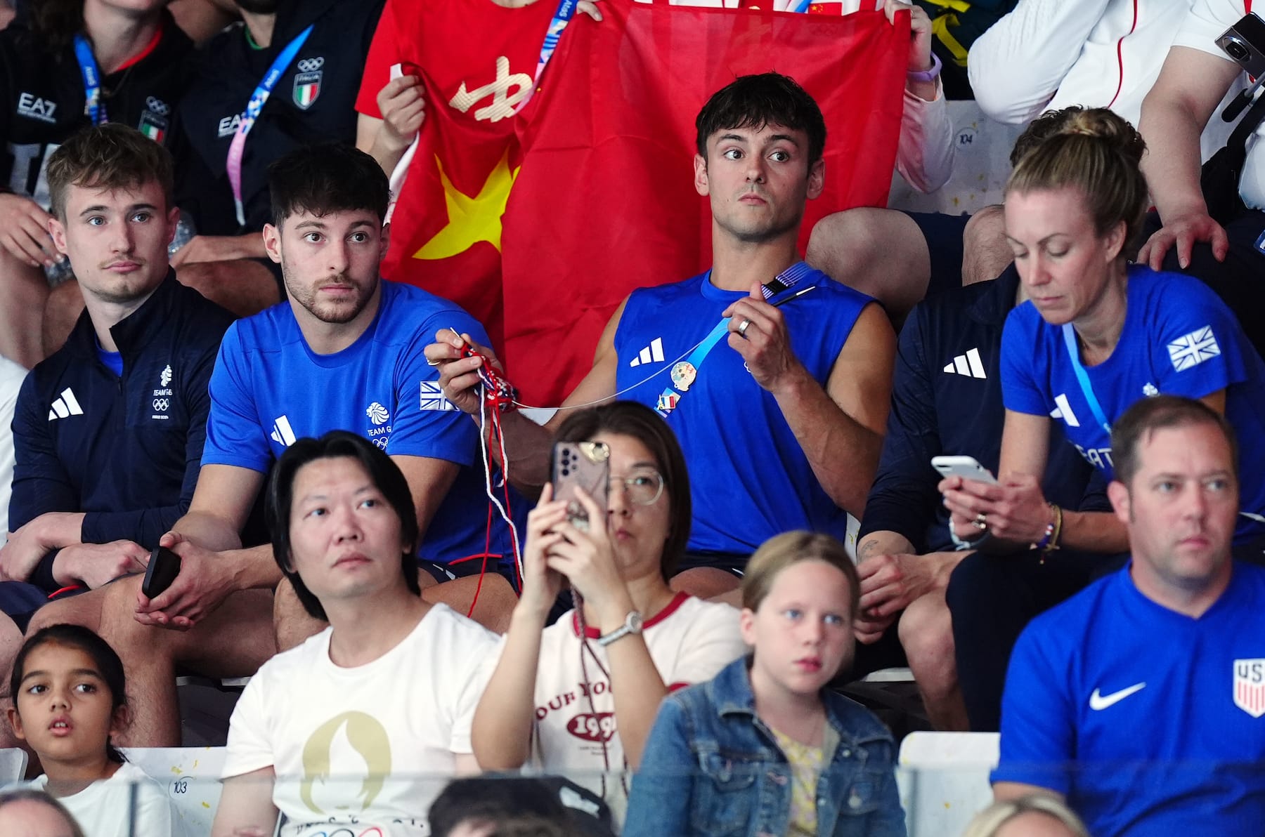 Great Britain's Tom Daley knitting