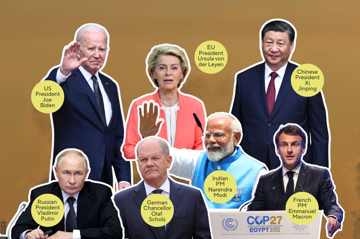 Politicians missing at COP29 collage including US president Joe Biden, EU president Ursula von Der Leyen, Chinese president Xi Jinping, Russian president Vladimir Putin, German chancellor Olaf Scholz, Indian prime minister Narendra Modi and French prime minister Emmanuel Macron