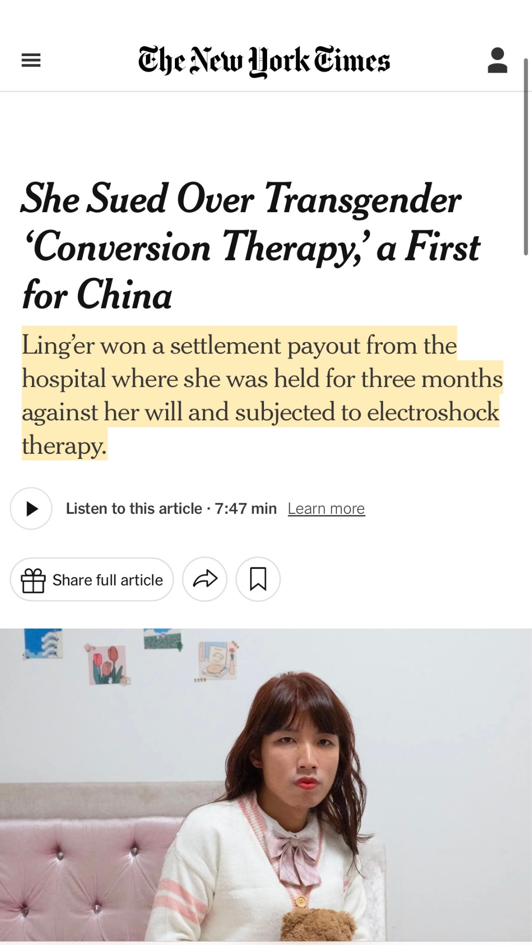 Screenshot of a New York Times article headline about Chinese transgender woman, Ling’er, who won a lawsuit against a hospital in China for being subjected to forced "conversion therapy," including electroshock treatment. The featured photo shows Ling’er sitting on a bed, wearing a white and pink outfit.