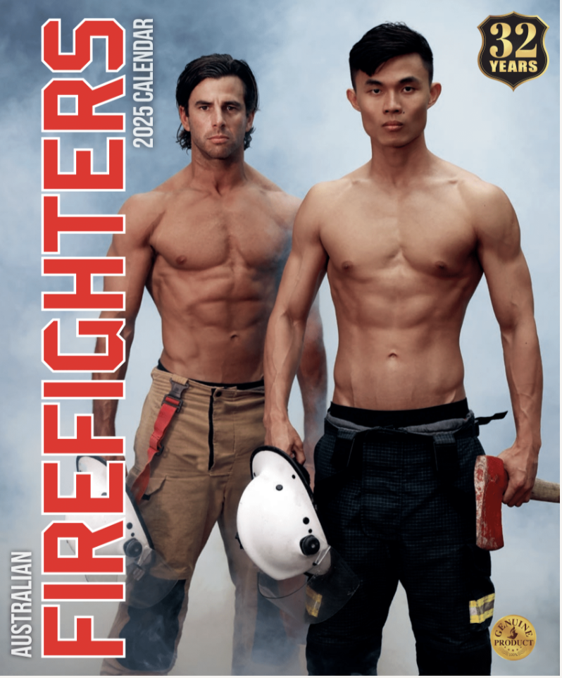 Australian and Taiwanes firefighters pose for the Australian firefighters charity calendar