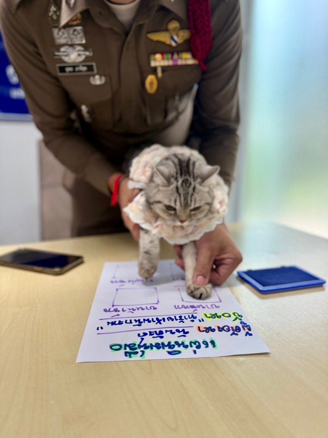 Nub Tang is taking paw prints on a paper, held and moved by police officer.