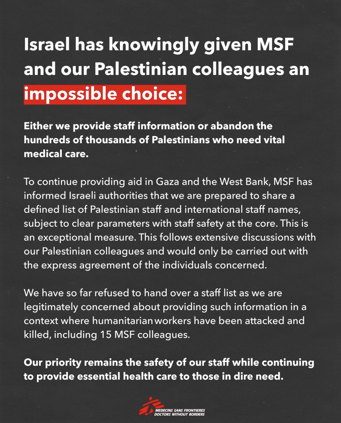 doctors without borders msf share staff details israel gaza
