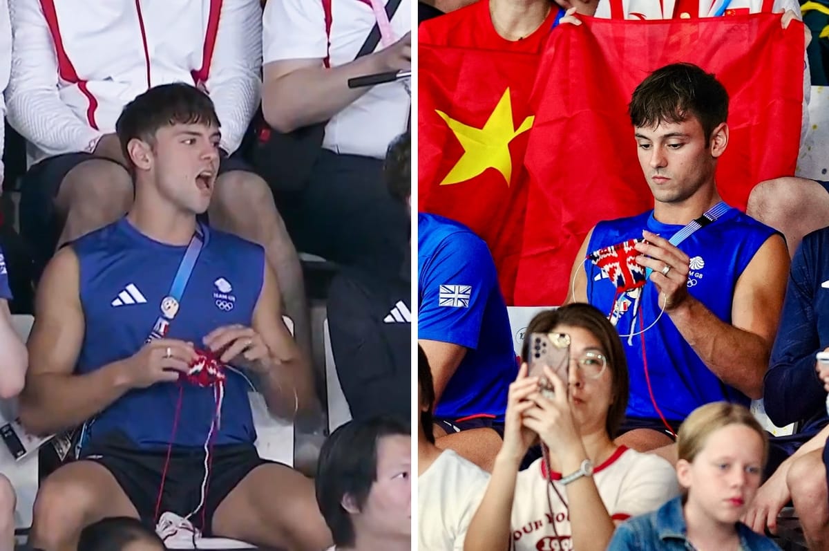 British Diver Tom Daley Has Been Spotted Knitting Once Again In The Olympic Stands And It's Incredibly Wholesome