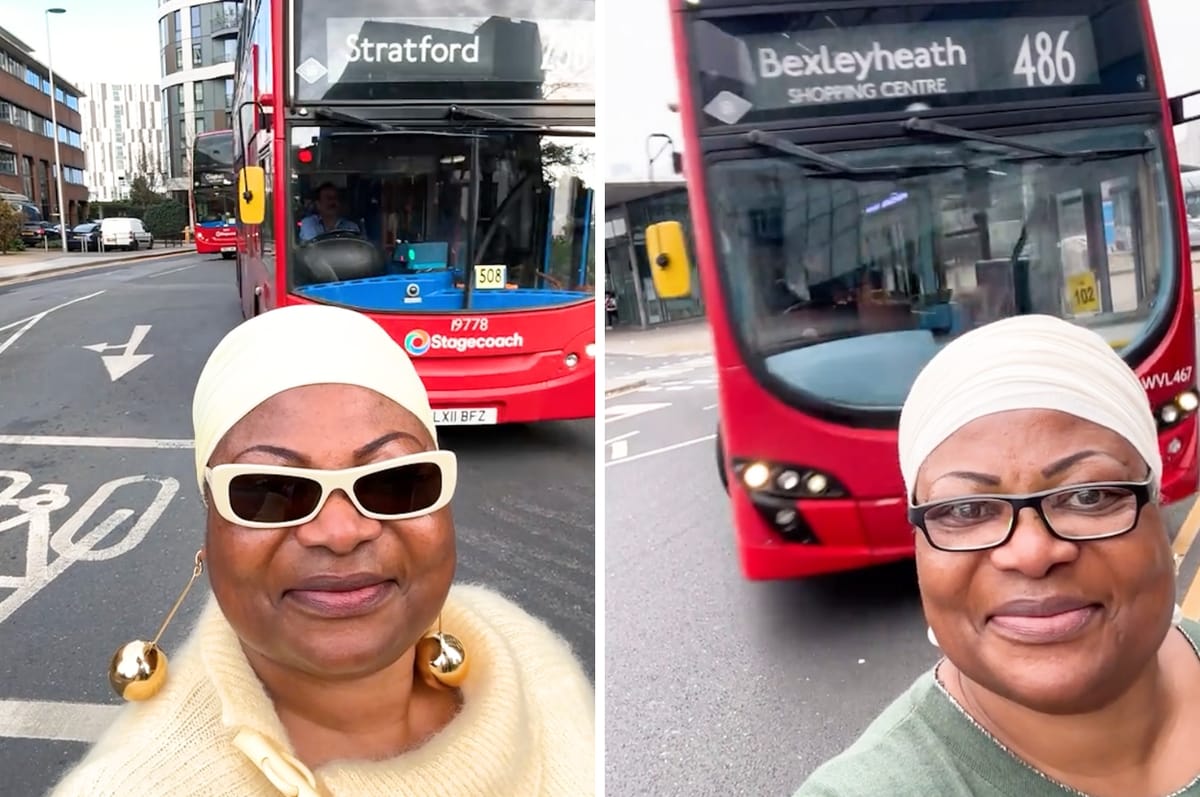 This "London Bus Aunty" Only Shares Videos Of Her Silently Posing With Buses And It’s Incredibly Wholesome