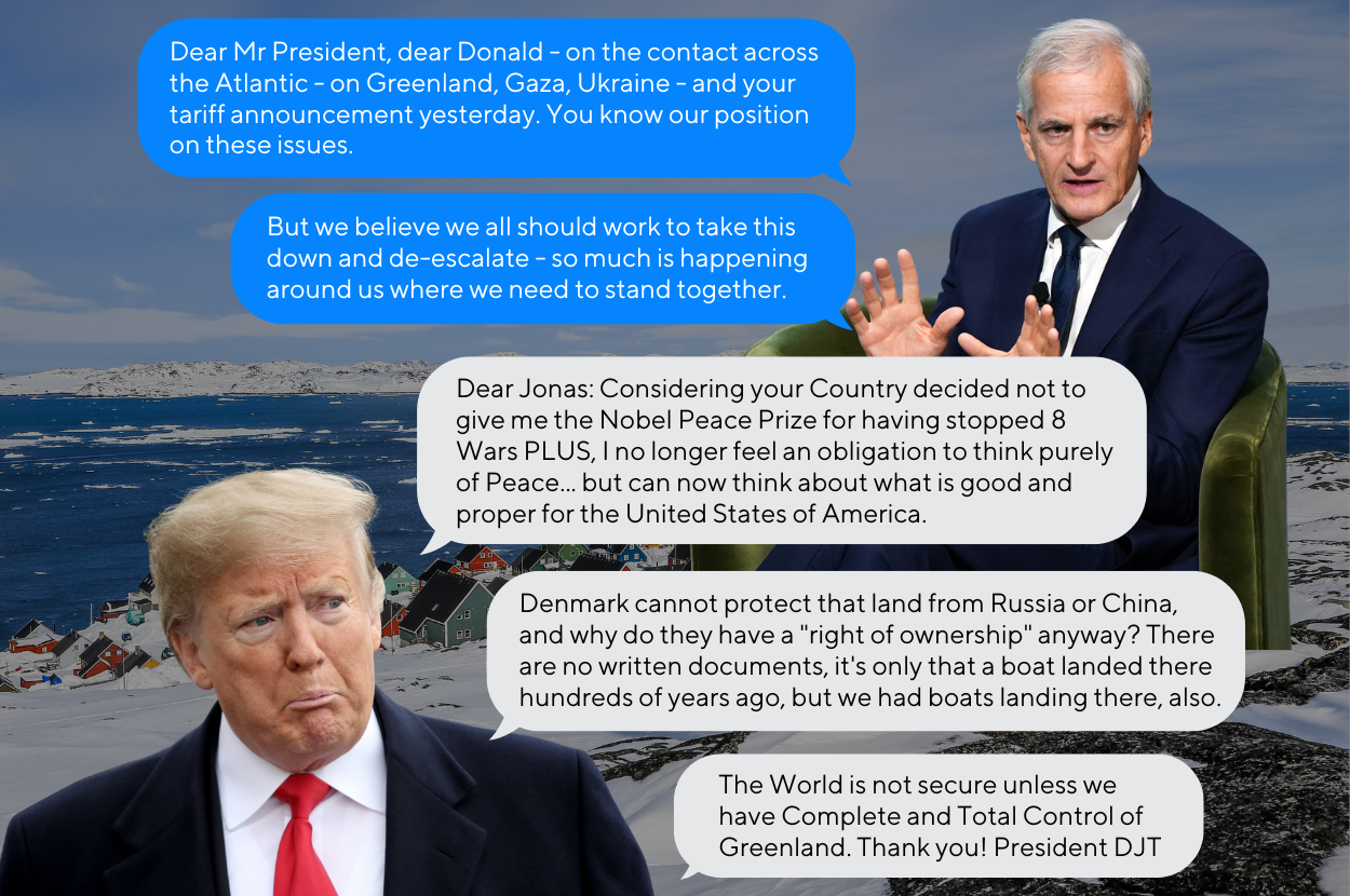 trump norway prime minister text exchange greenland nobel peace prize