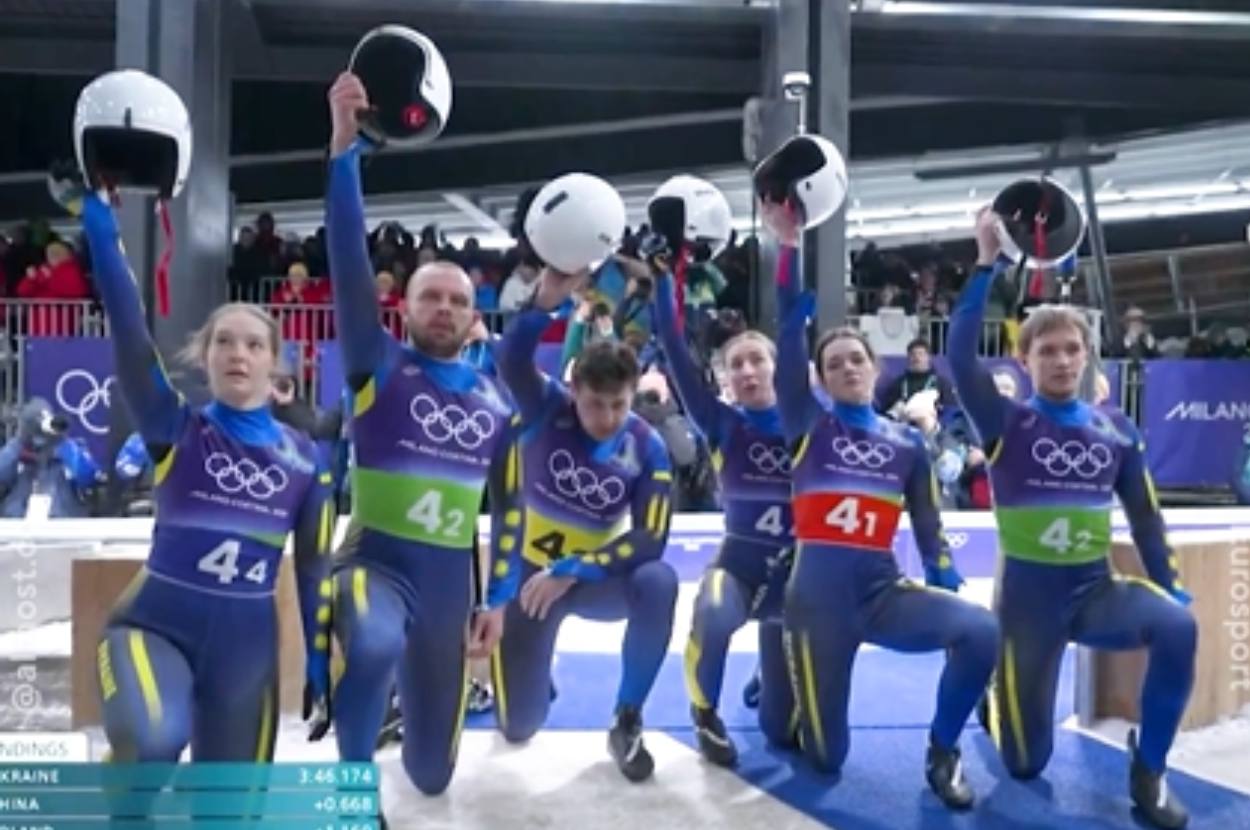 ukraine luge kneel olympics milan Vladyslav Heraskevych helmet