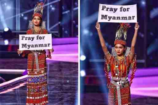 Miss Universe Myanmar Held Up A “Pray For Myanmar” Sign At The Beauty Pageant’s Costume Contest