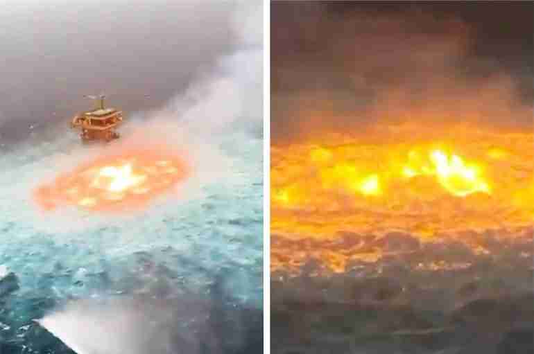 A Gas Leak In The Gulf Of Mexico Caused a Huge “Eye Of Fire” On The Ocean That Burned For Five Hours