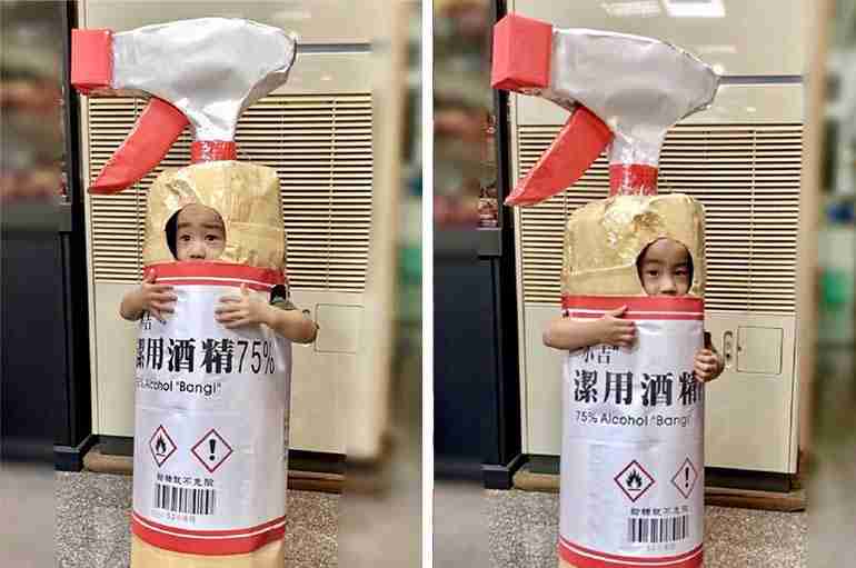 This Little Taiwanese Boy Dressed Up As A Sanitizer Spray Bottle For Halloween And It’s Adorable