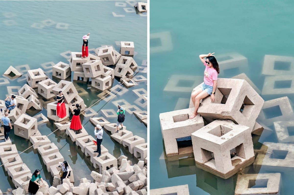 Chinese Influencers Are Now Posing On Breakwater Blocks Exposed In A River Drying From The Drought