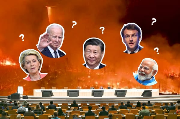 world leaders collage against burning forest 