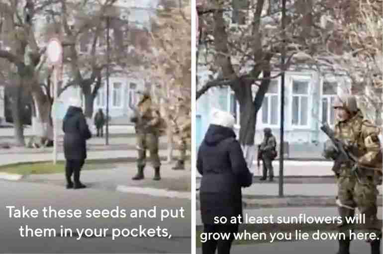 ukraine woman sunflower seeds russian soldiers