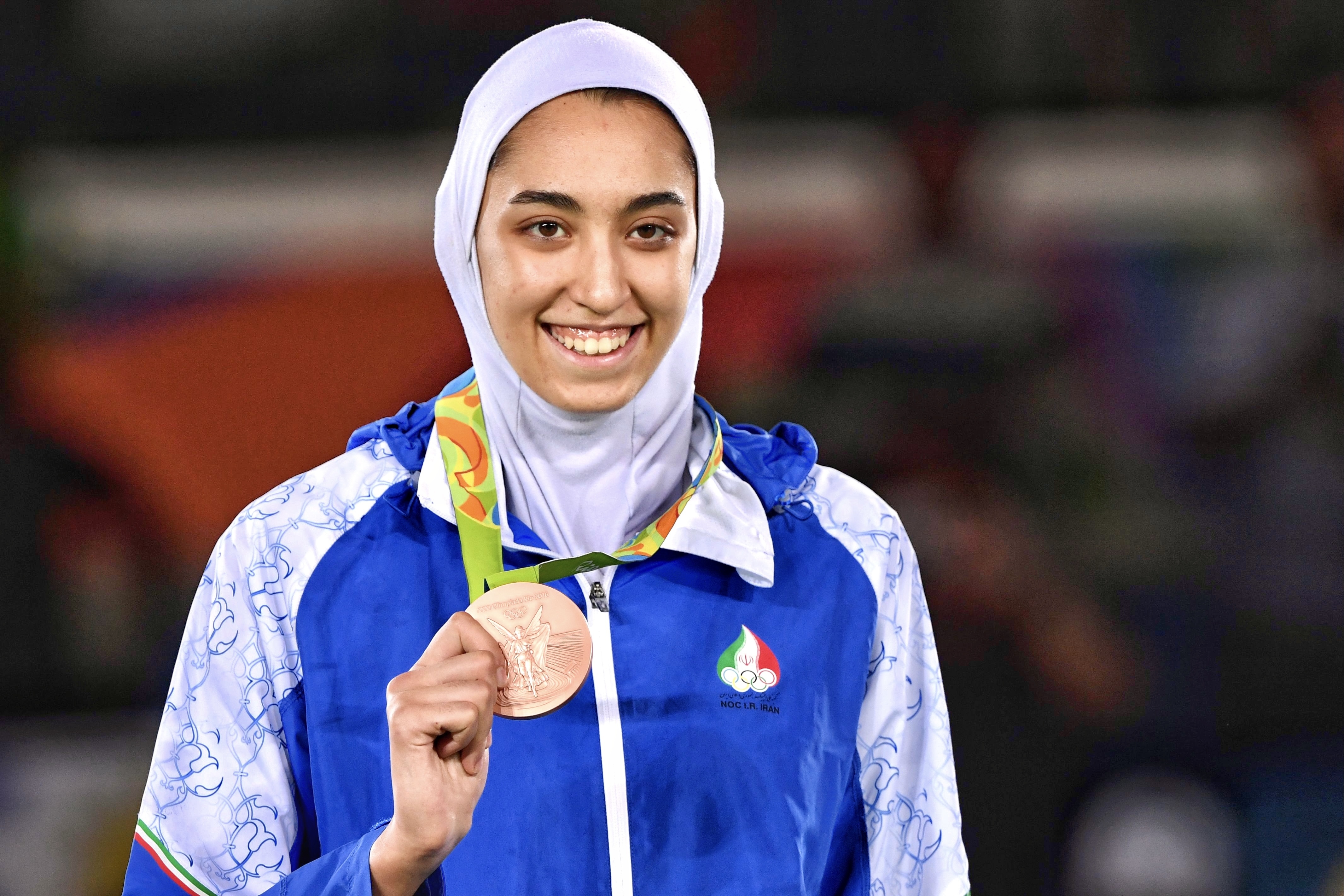 Kimia Alizadeh, Iranian Taekwondo athelete, celebrates winning a bronze medal at 2016 Rio Olympic Games. 