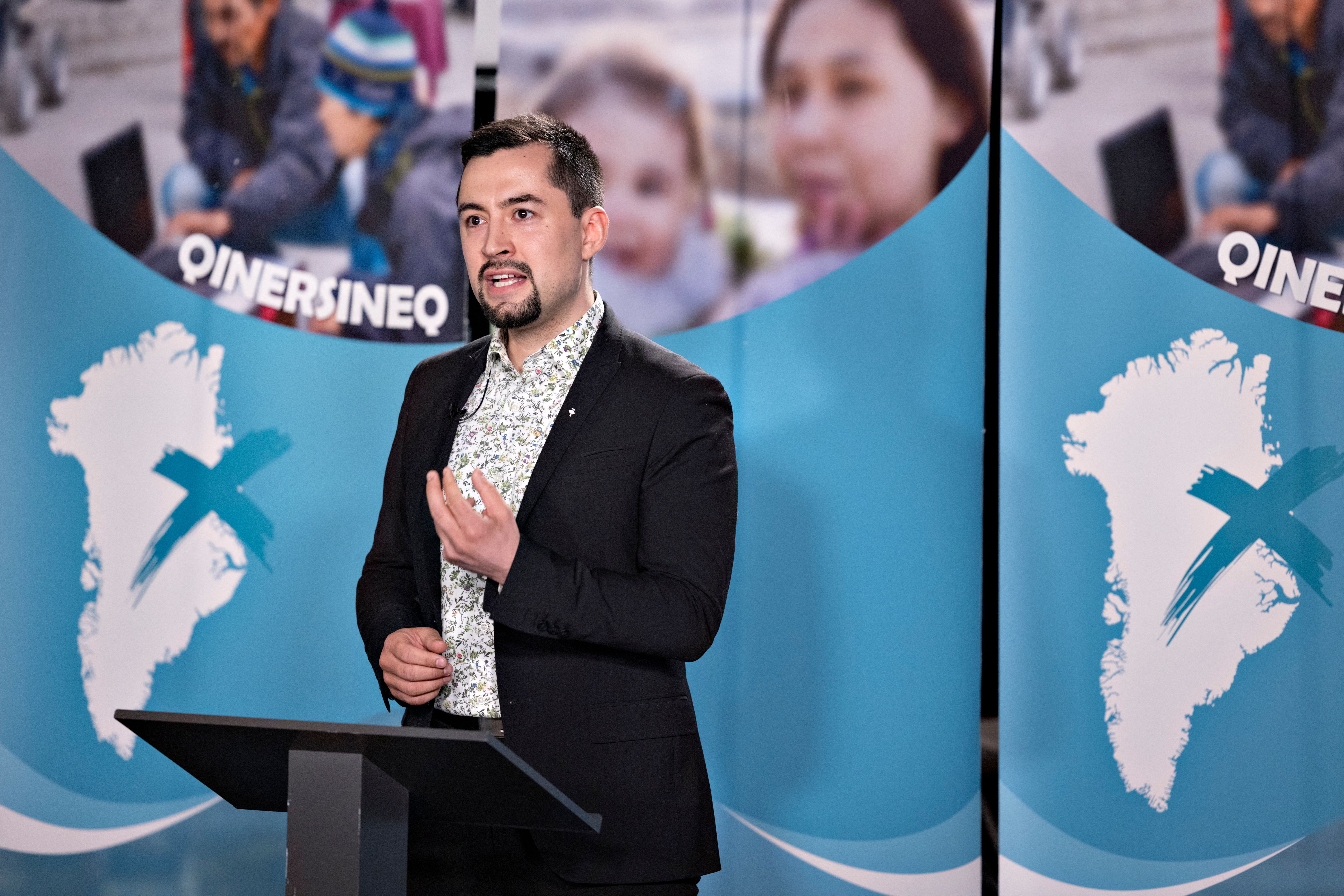 Candidate Mute Bourup Egede, chairman of the Inuit Ataqatigiit (IA) party, speaks during a debate at KNR (Greenlandic Broadcasting Corporation) photo.