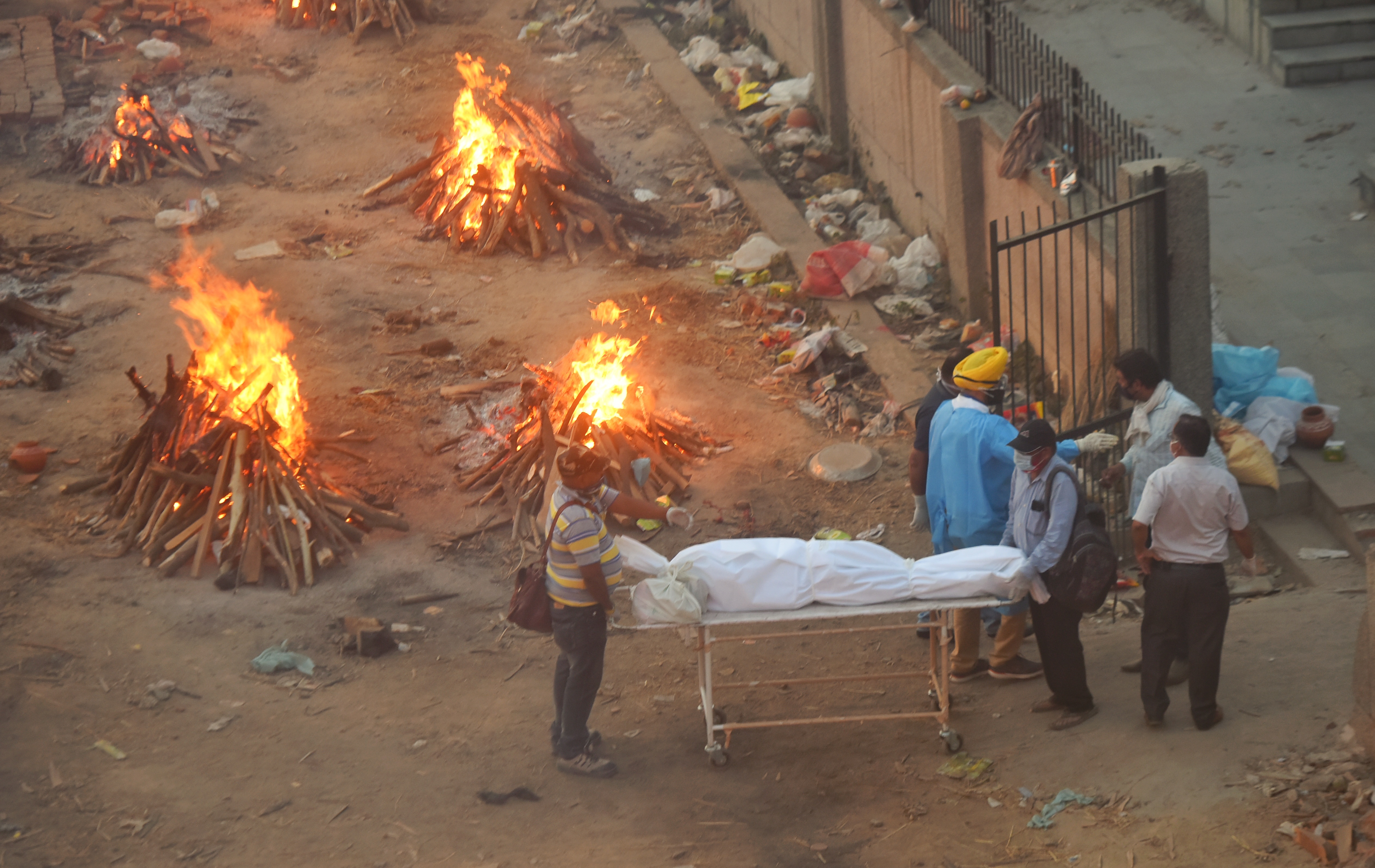 COVID-19 victims being cremated at Seemapuri crematorium in New Delhi, India.