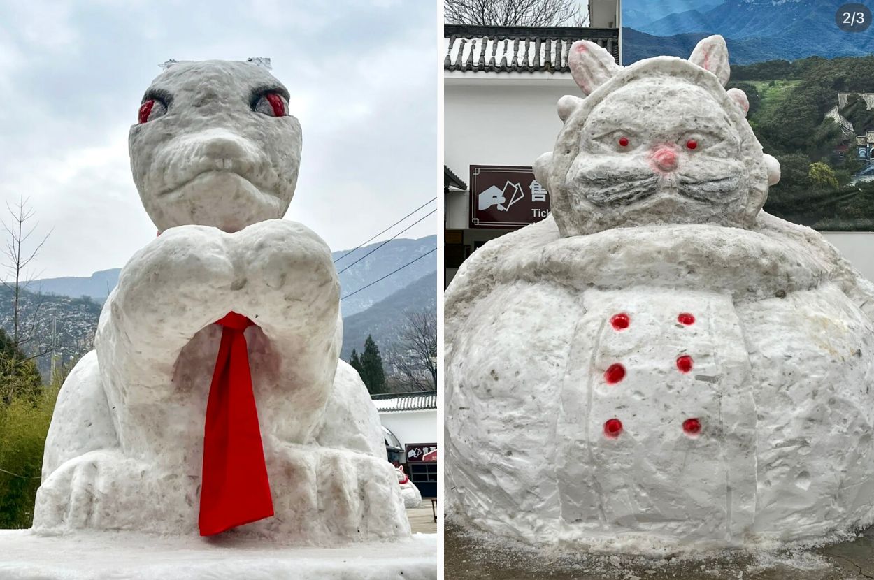 Rabbits made of snow with red eyes and accessories at the Shaolin Temple in the Hebei province, China. Created for the 2023 Lunar New Year.