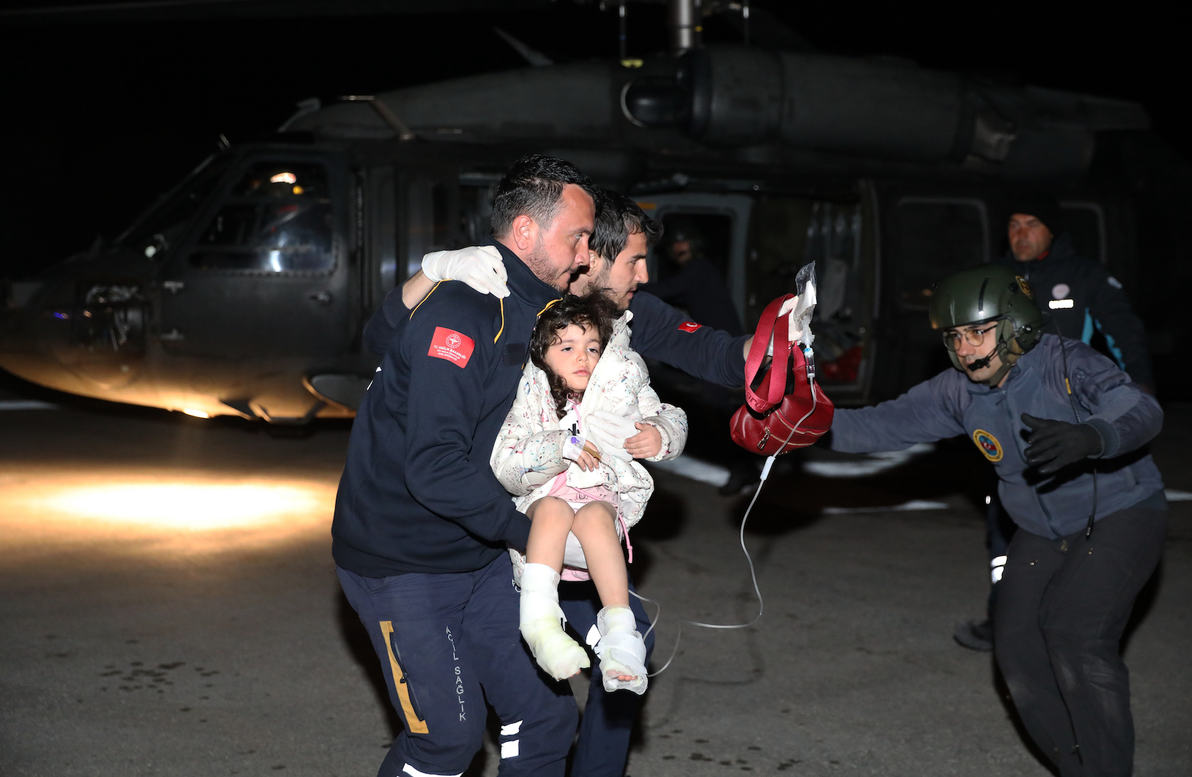 Injured people affected by earthquakes transferred to hospitals by ambulances and helicopters from the earthquake areas after 6.4 and 5.8 magnitude earthquakes hit the Hatay