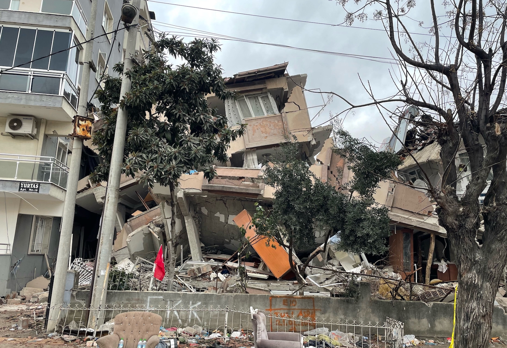 A view of collapsed building following 6.4 and 5.8 magnitude earthquakes hit the Hatay