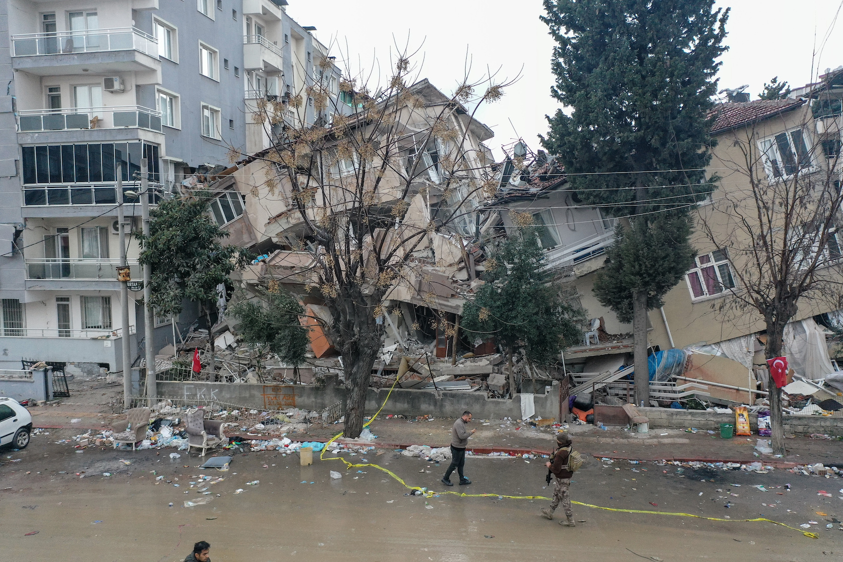 A view of collapsed building following 6.4 and 5.8 magnitude earthquakes hit the Hatay