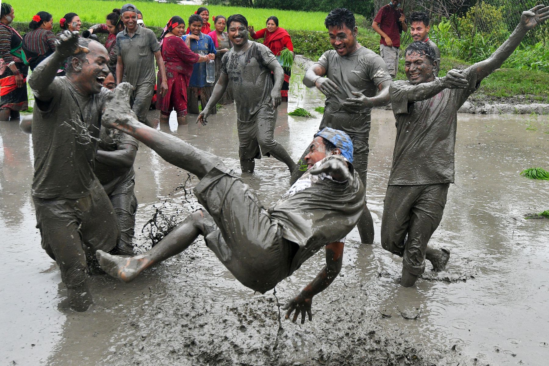 Three men throw another man into mud water in a paddy field. They are all covered in mud. Meanwhile, women are watching in the back.