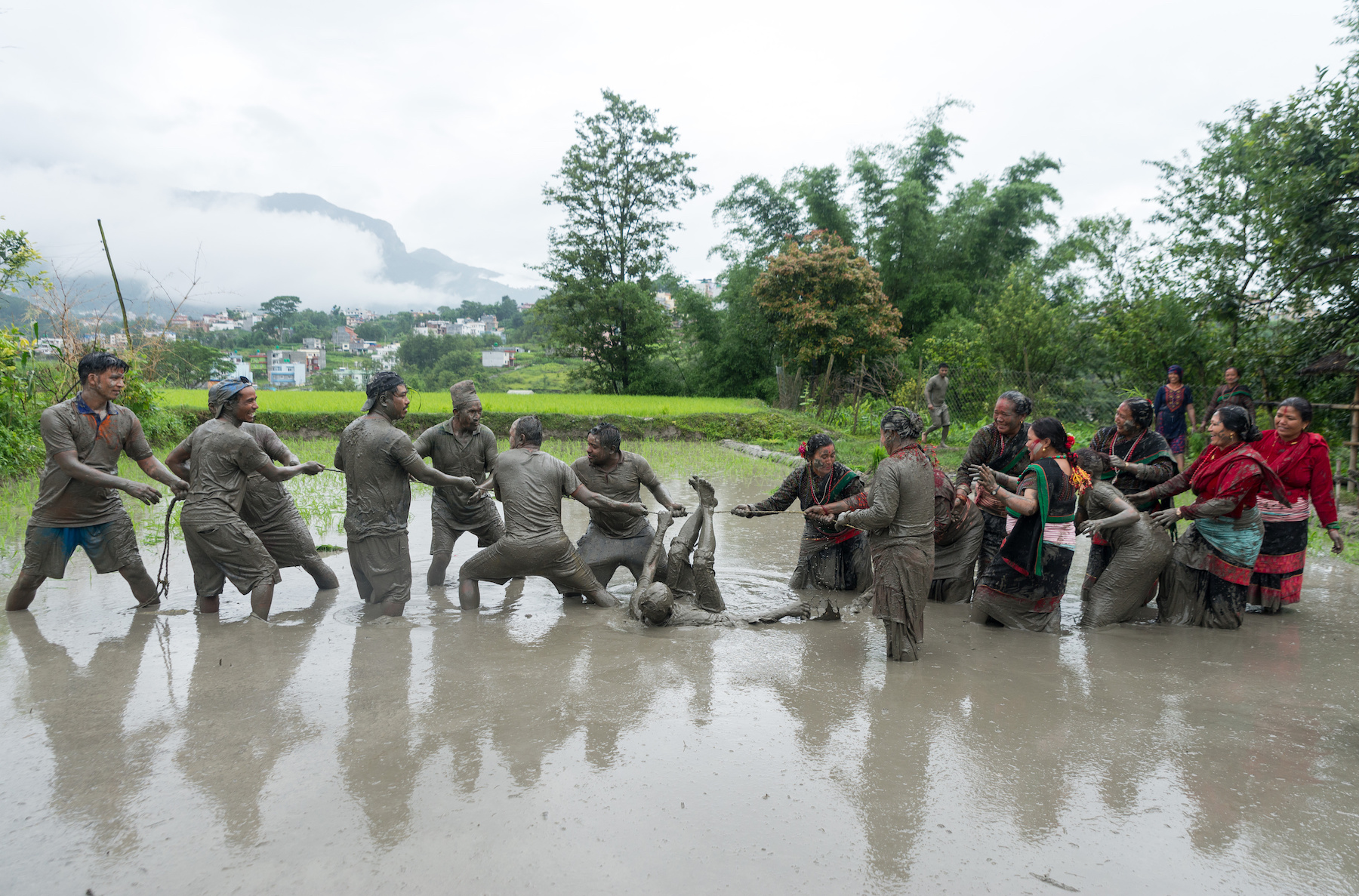 Farmers play a tug-of-war game in a paddy field. On one side we have the men and on the other we have the women's team.