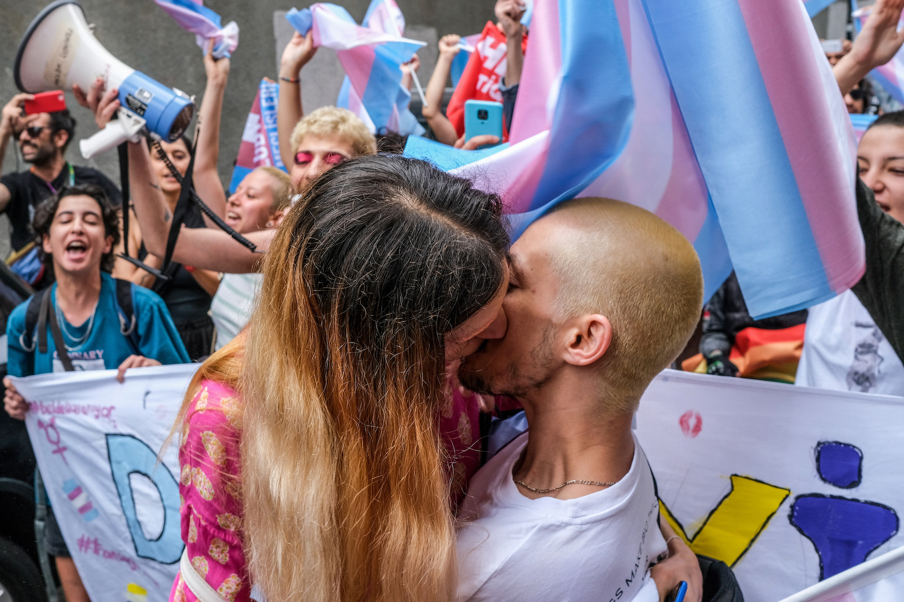 A couple kisses during pride in Istanbul, Turkey.
