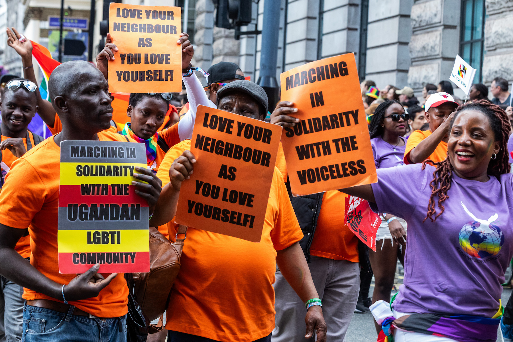People protest against Uganda's recent anti-LGBTQ laws during London's pride.