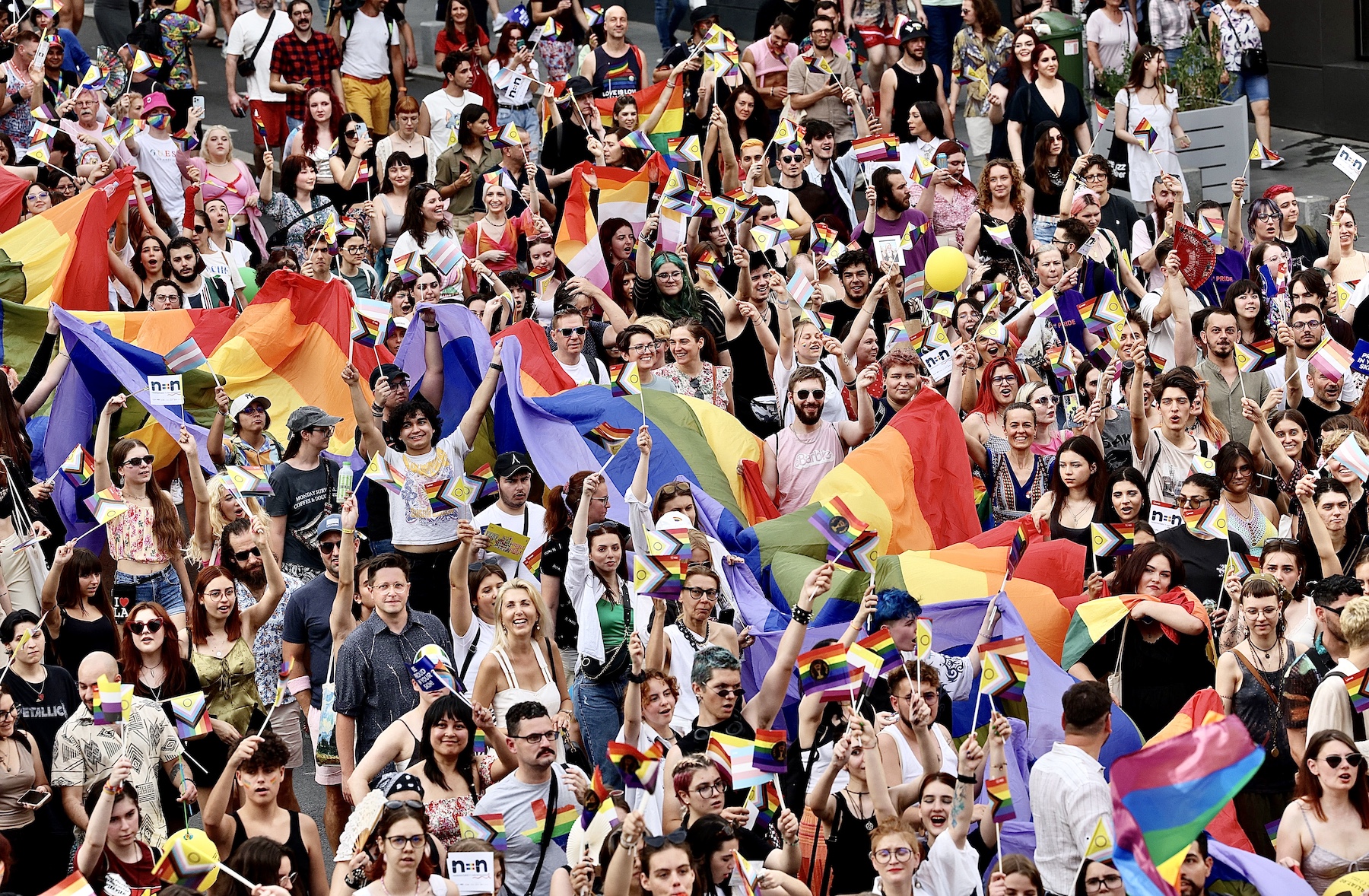 Thousands of people gather around for Romania's LGBTQ Pride march