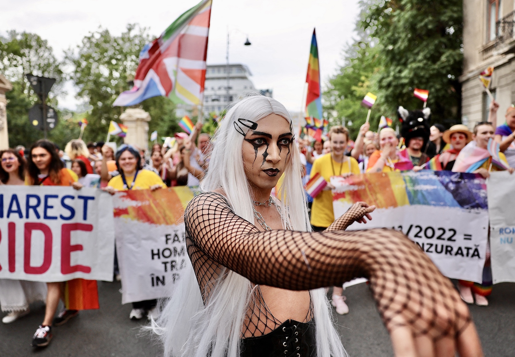 Person dresses up for Romania LGBTQ Pride march
