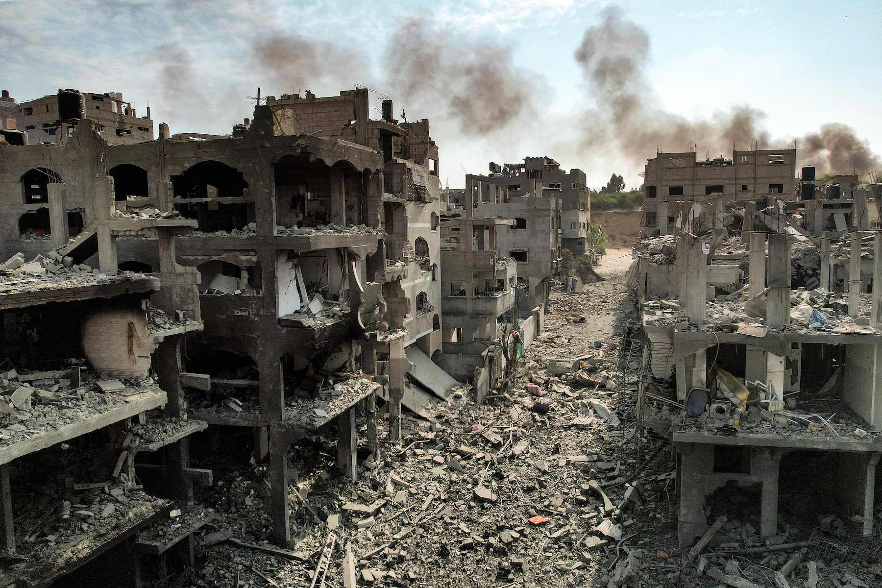 aerial view of buildings destroyed by Israeli air strikes