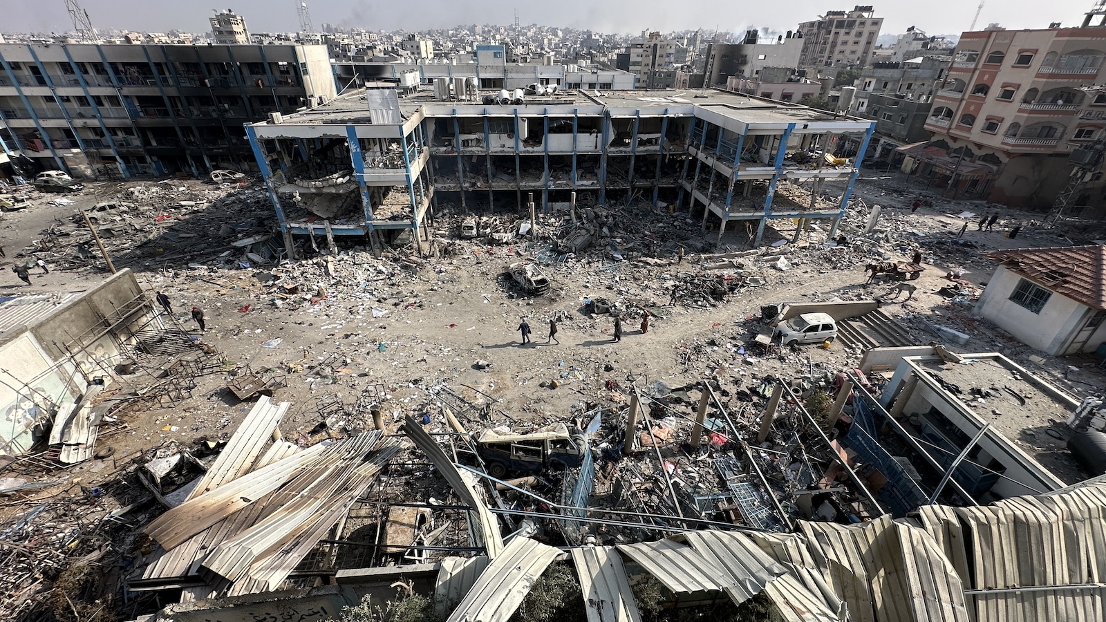 An aerial view of destroyed UNRWA Palestinian School gaza