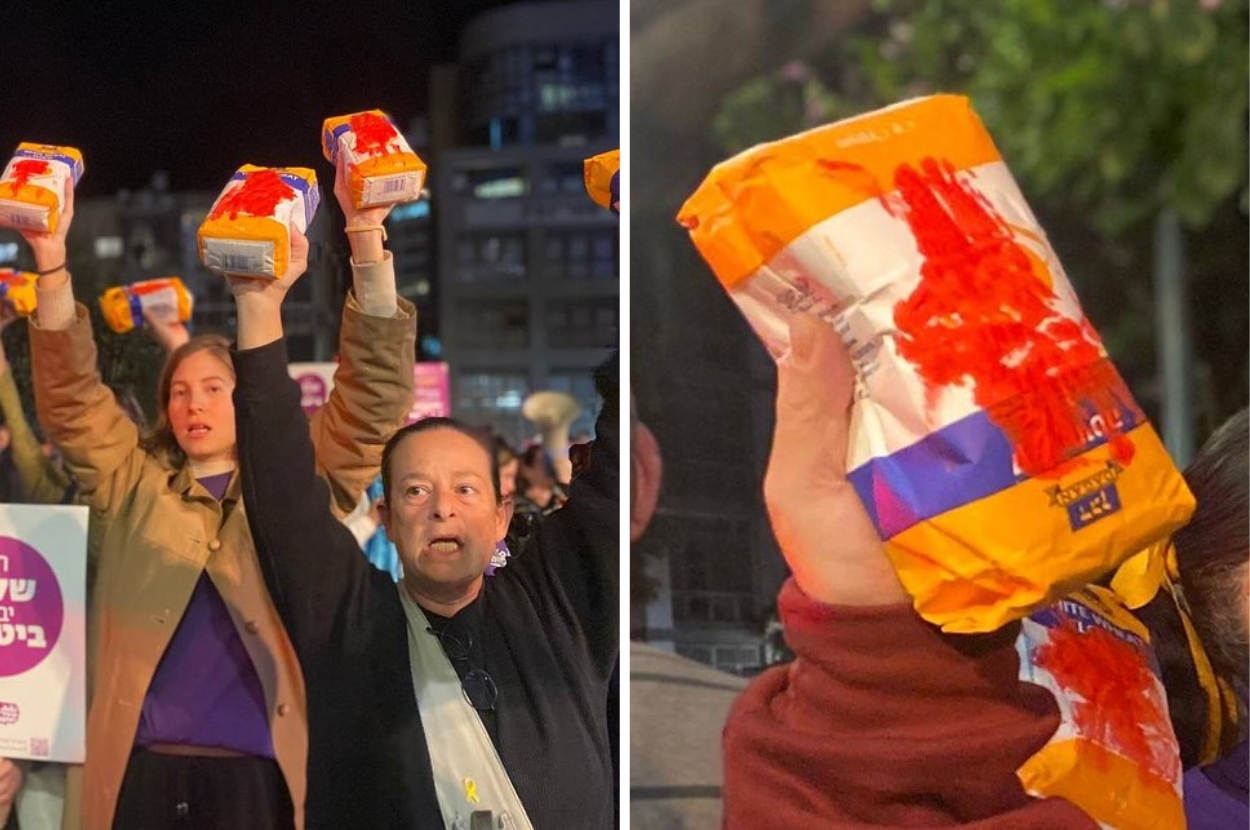 People In Israel Held Up Bloody Bags Of Flour To Protest Its Military Killing Palestinians Trying To Get Food Aid