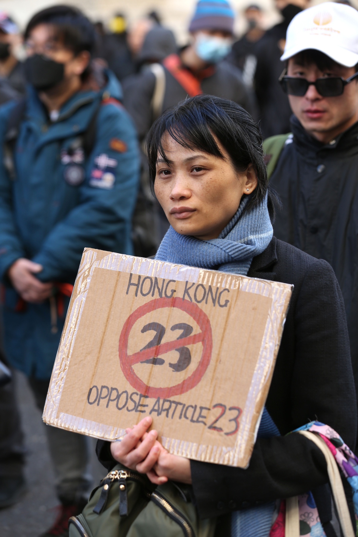 protester holds sign Hong Kong oppose Article 23
