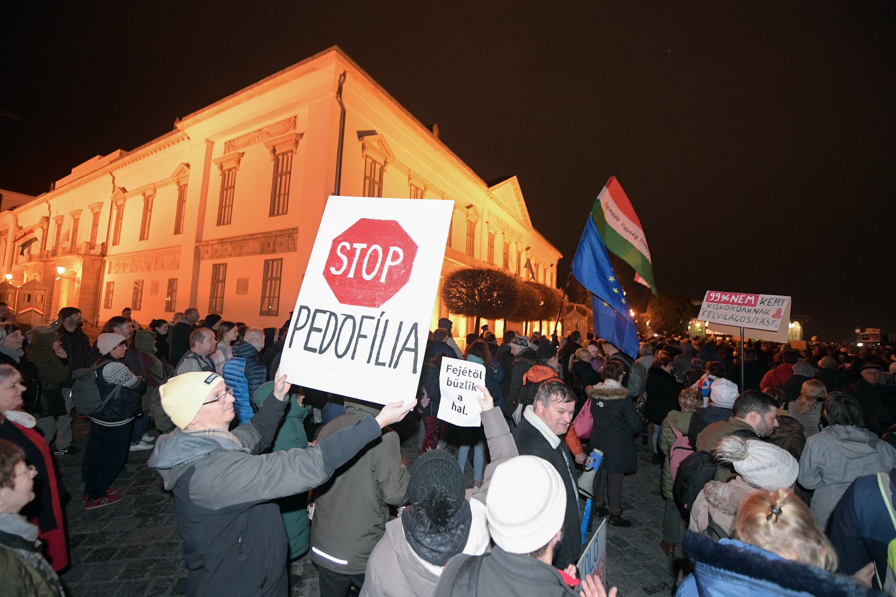 protesters holding placards hunagry presdient katalin novak pardon criminal sex abuse